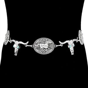 Silver Antique Metal Western Horse Animal Print Embossed Conch Statement Belt